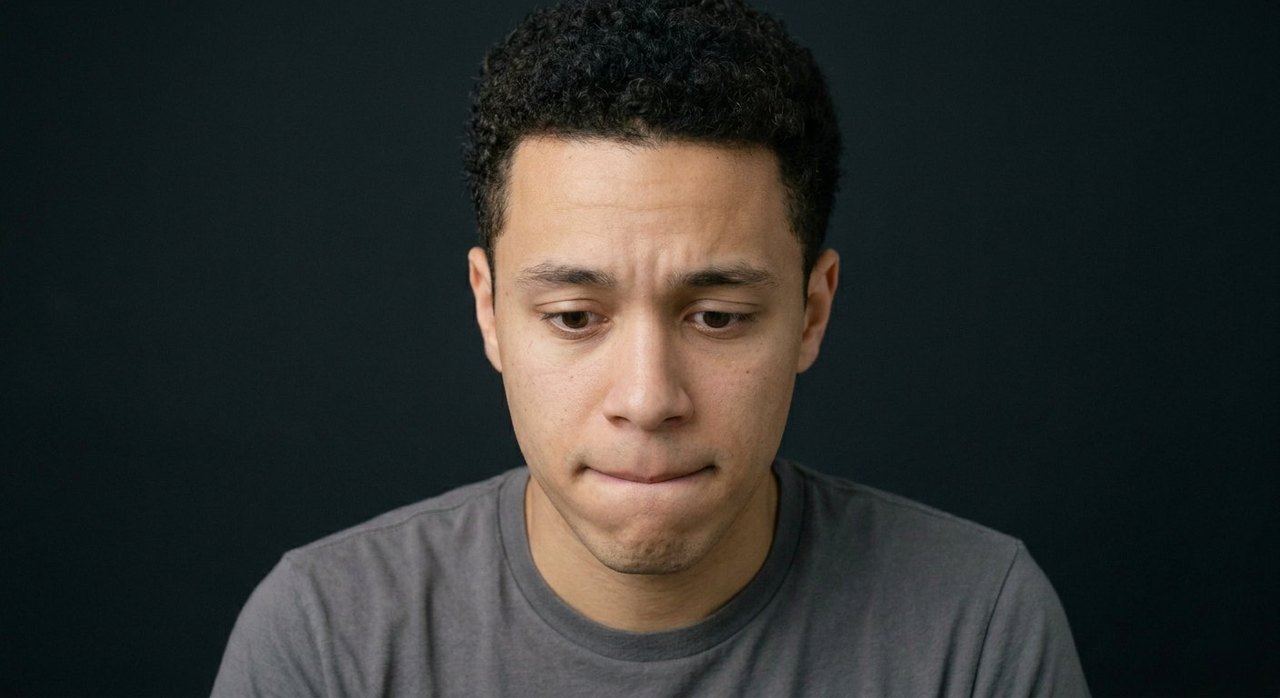 A man's face showing disgrace: head bowed, eyes cast down, mouth turned down.