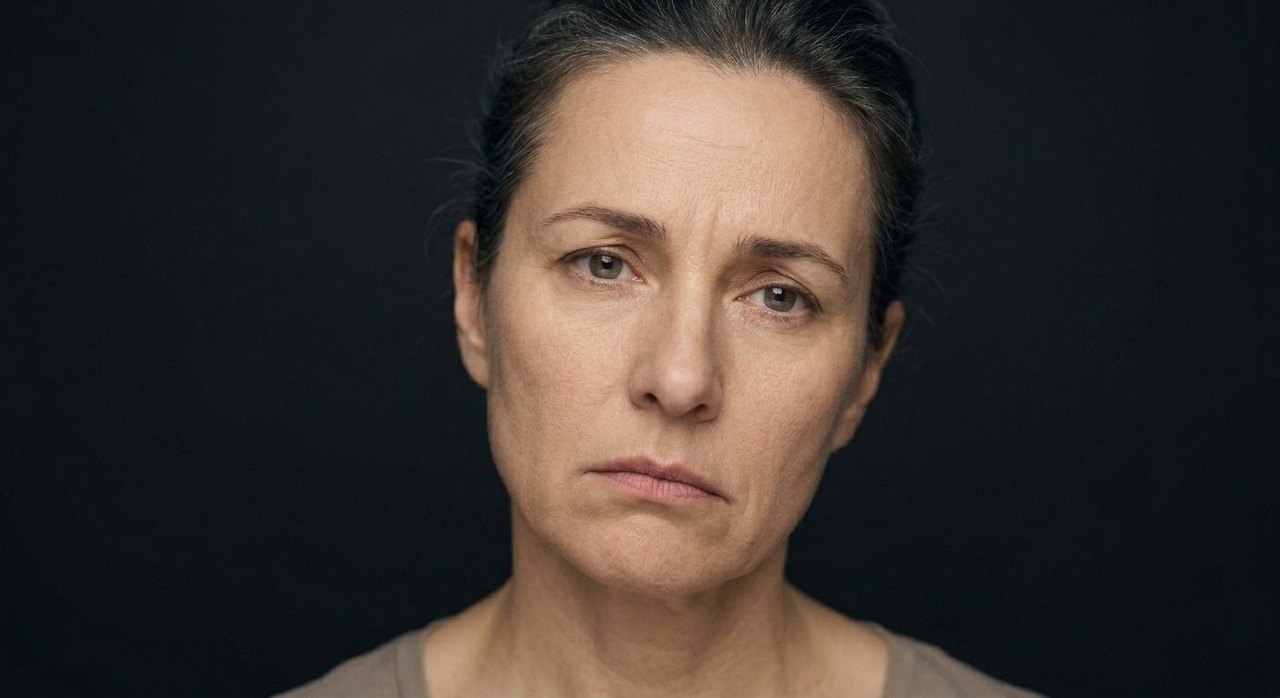 A woman's face showing disillusionment: a downturned mouth, lowered eyes, a faded weary look.