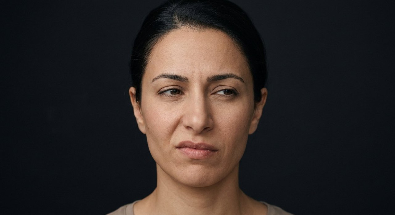 A woman's face showing distaste: a faint nose wrinkle and pressed lips of mild displeasure.