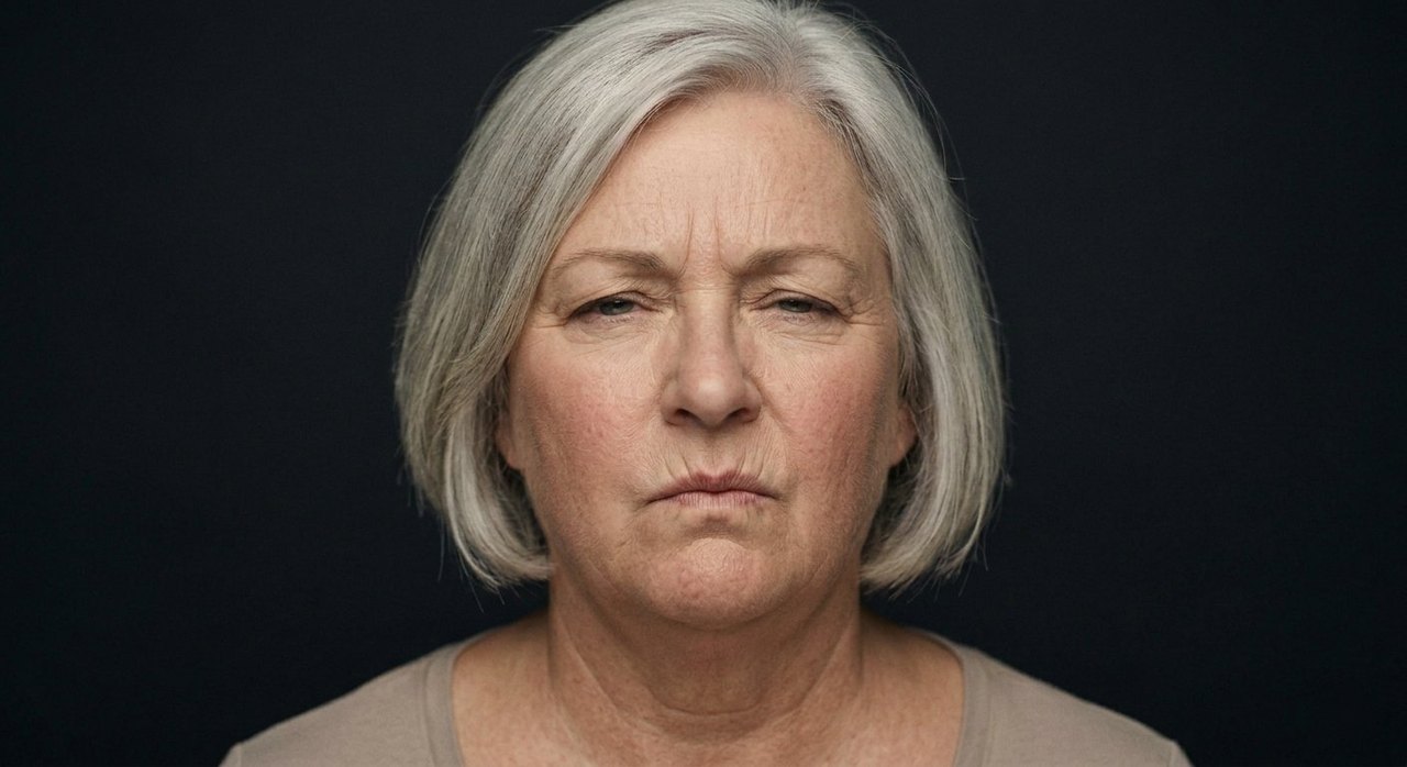A woman's face showing doubt: a frown, narrowed eyes, pressed lips, unconvinced.
