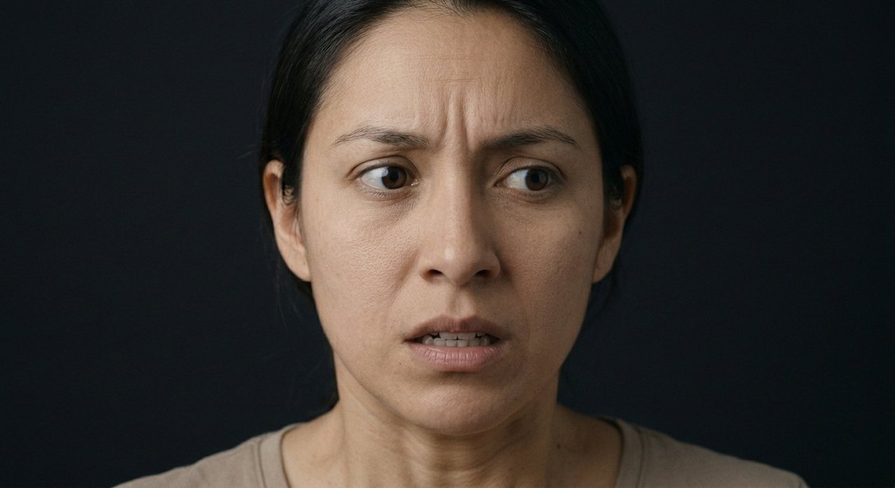 A woman's face showing dread: brow tight, gaze uneasy, mouth parted with worry.