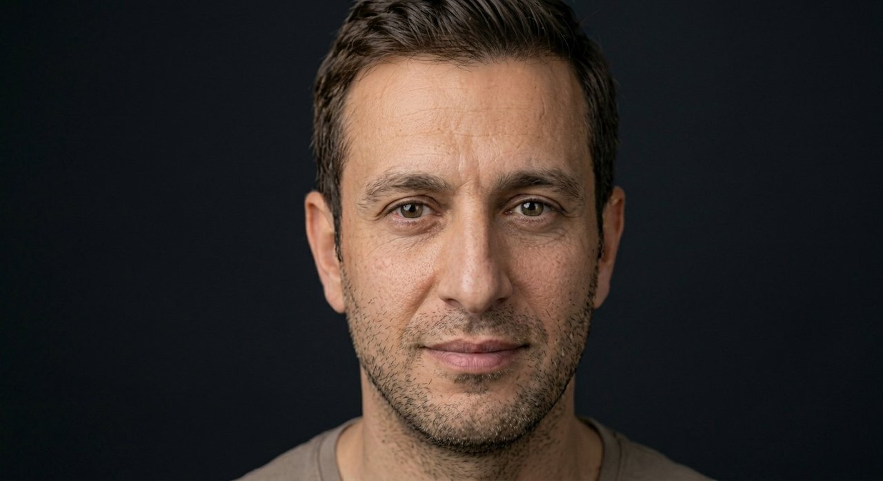 A man's face showing elan: a confident slight smile and a bright lively gaze.