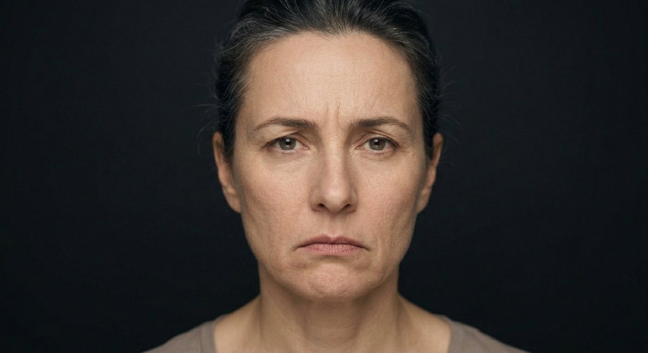 A woman's face showing enchainment: a drawn brow, a downturned mouth, a trapped heavy look.