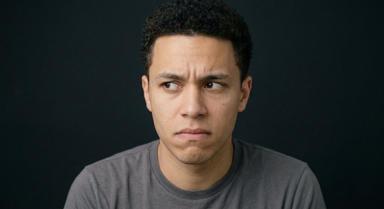 A man's face showing envy: a sideways look, lowered brow, lips pressed tight.