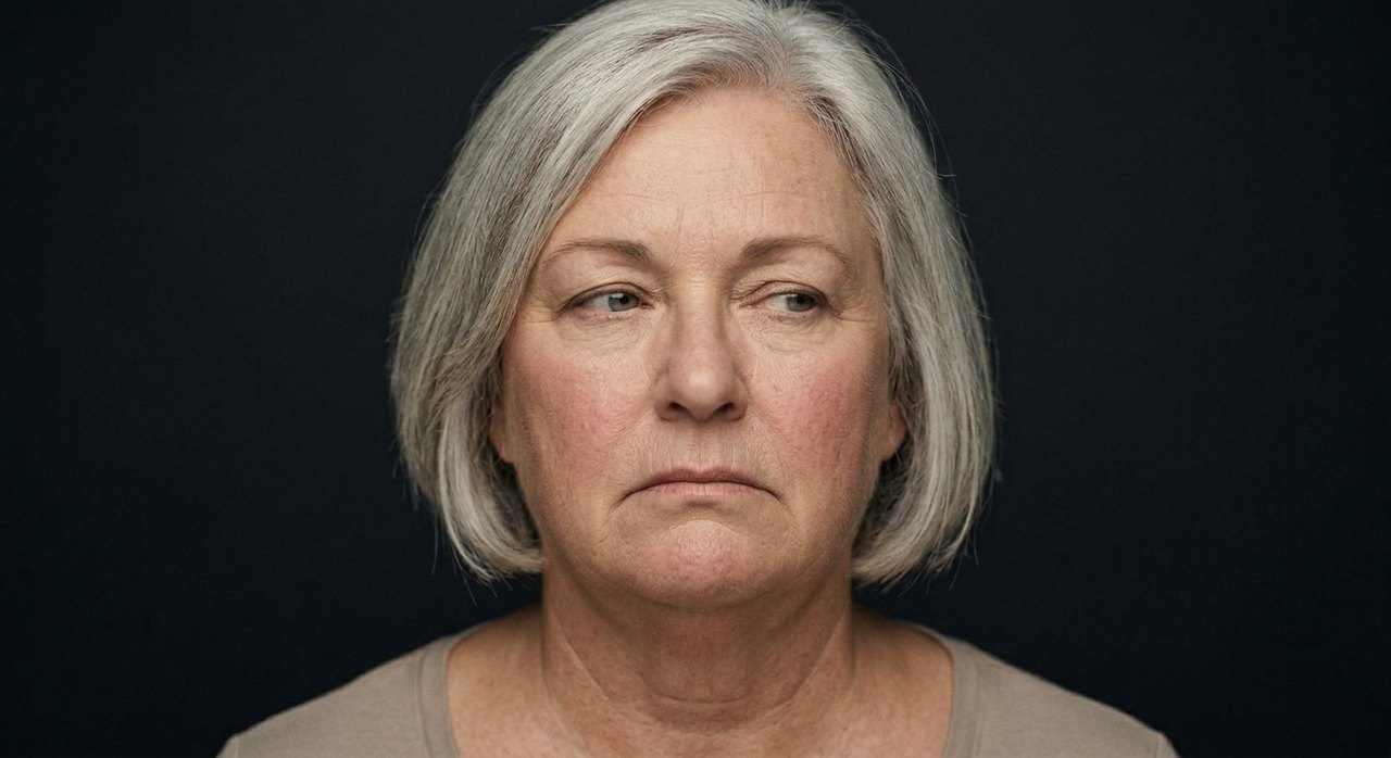 A woman's face showing equivocation: a hesitant noncommittal look, pressed lips, an even gaze.