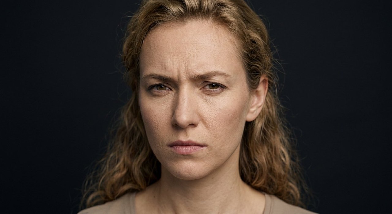 A woman's face showing exasperation: a knitted brow and a weary frustrated look.