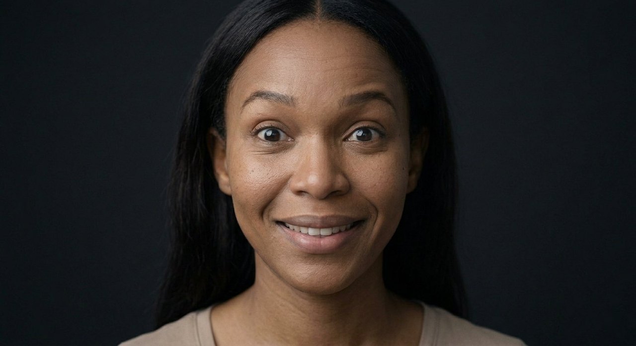A woman's face showing excitement: wide bright eyes, a broad smile, raised brows.
