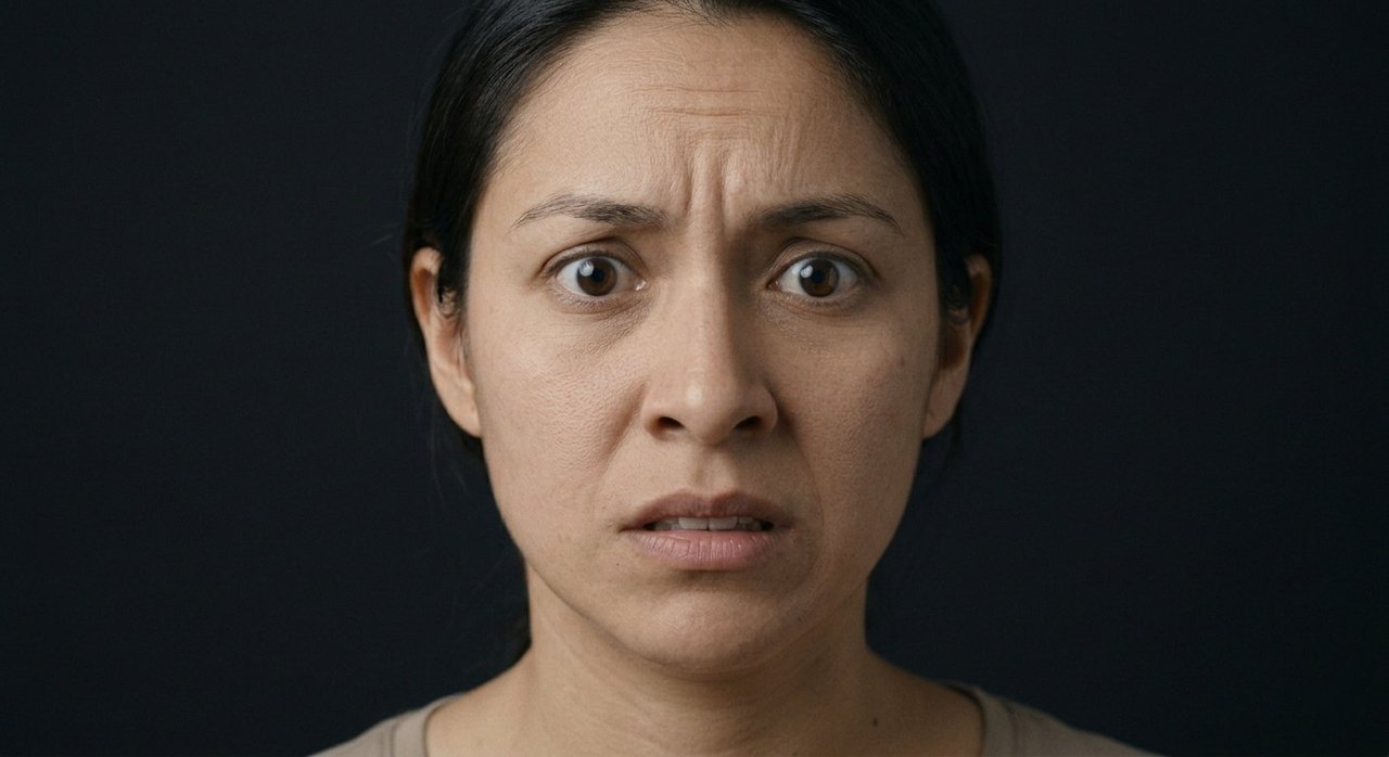 A woman's face showing fear: brows raised and drawn, eyes wide, mouth parted.