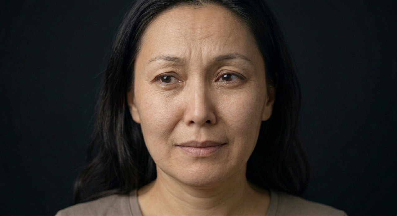 A woman's face showing fernweh: a faint wistful smile and a soft, far-off gaze.