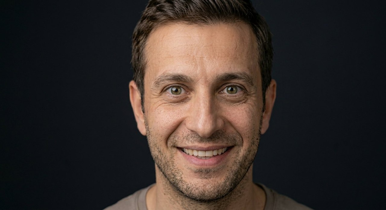A man's face showing fervidity: a warm open smile and bright animated eyes.