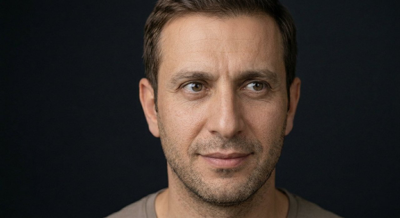 A man's face showing fierceness: an intense direct stare and a tense hard set.