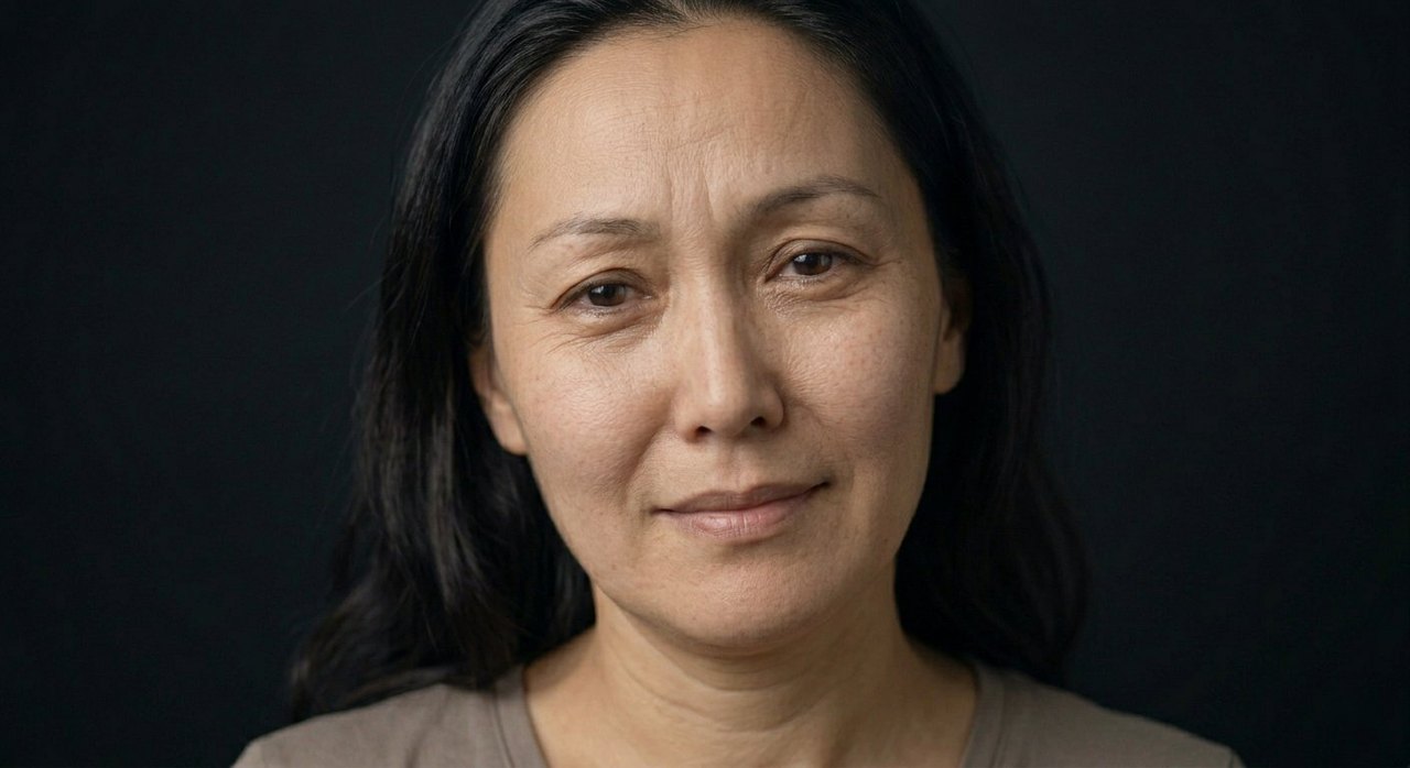A woman's face showing fika: a warm relaxed smile and gently narrowed, content eyes.
