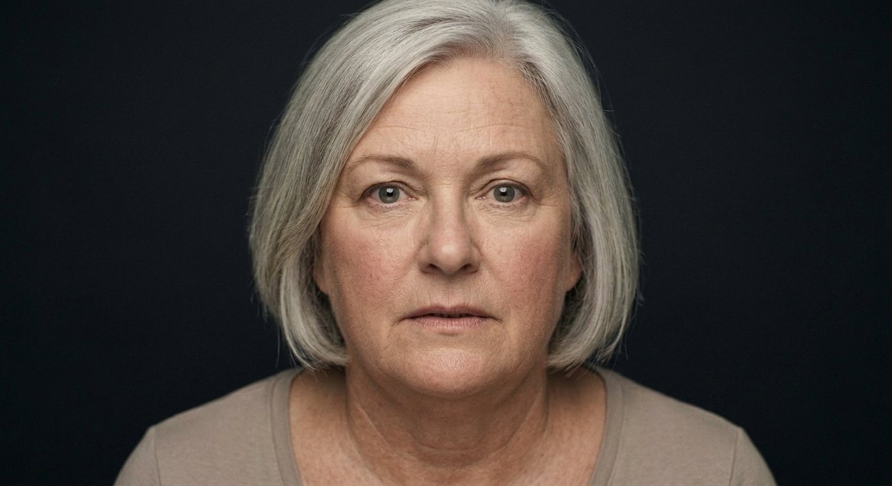 A woman's face showing fixation: a locked narrow stare, drawn brows, a fixed gaze.