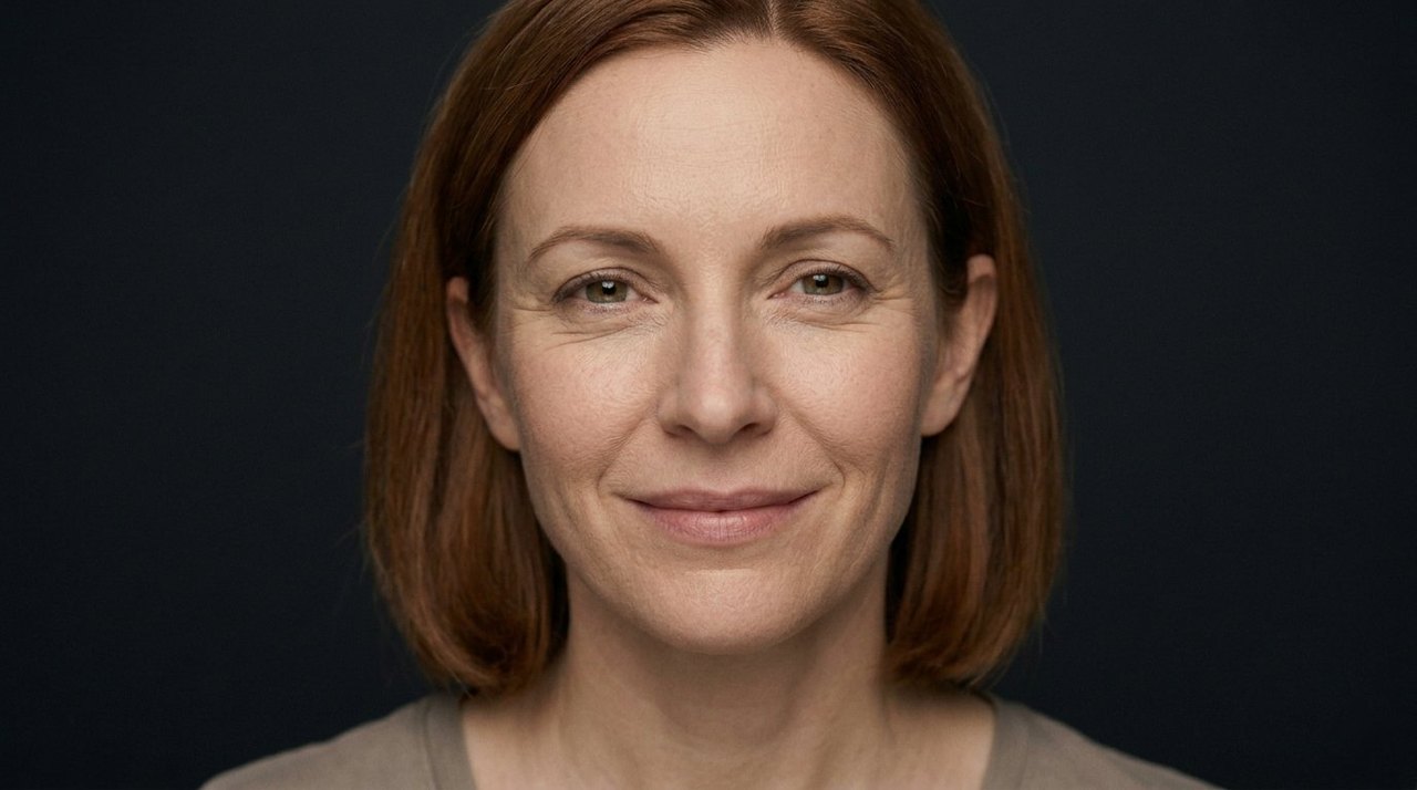 A woman's face showing fondness: a soft warm smile and kind relaxed eyes.