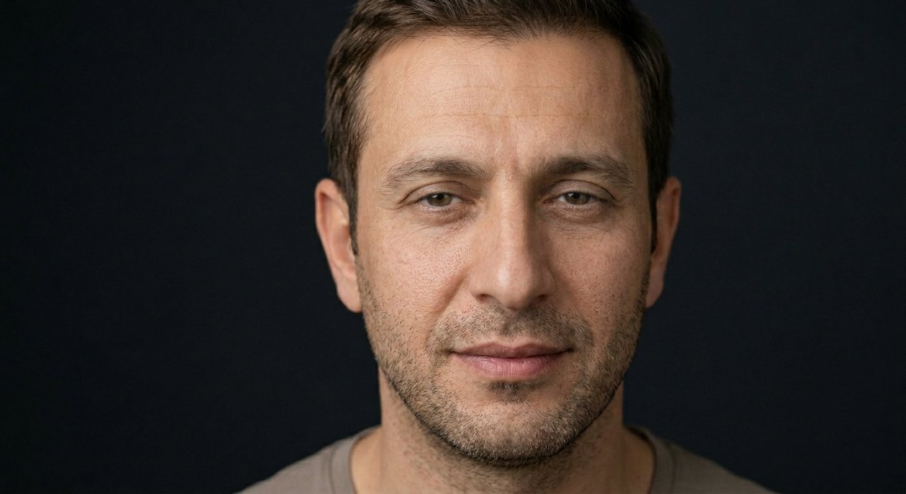 A man's face showing forbearance: a patient steady gaze and a quietly enduring set.