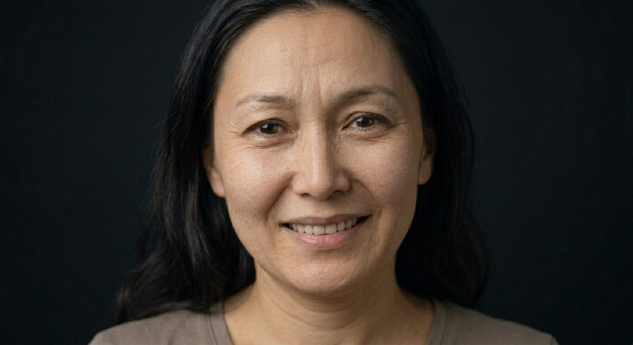 A woman's face showing forelsket: a soft shy smile and brightly tender eyes.