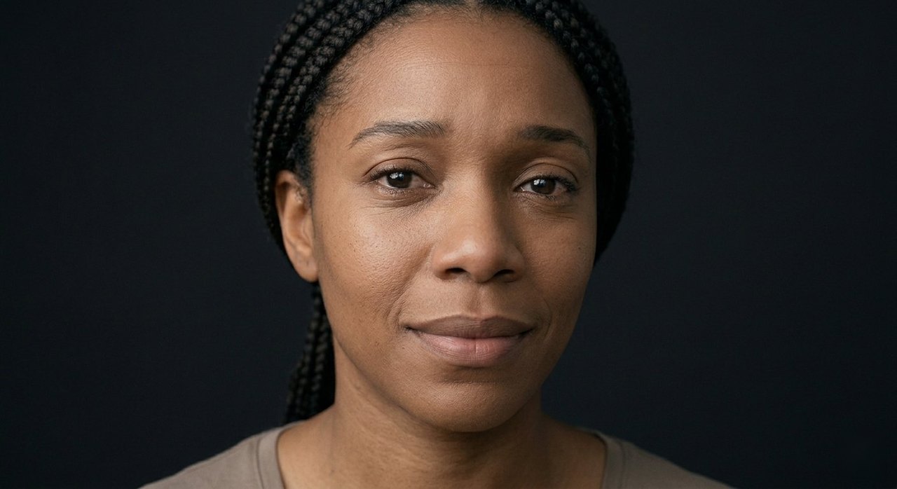 A woman's face showing forgiveness: a calm, settled look and a soft, level gaze.