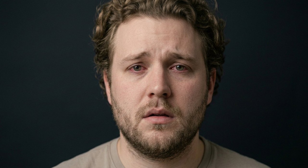 A man's face showing forlornness: a lost sideways gaze, raised inner brow, drained expression.