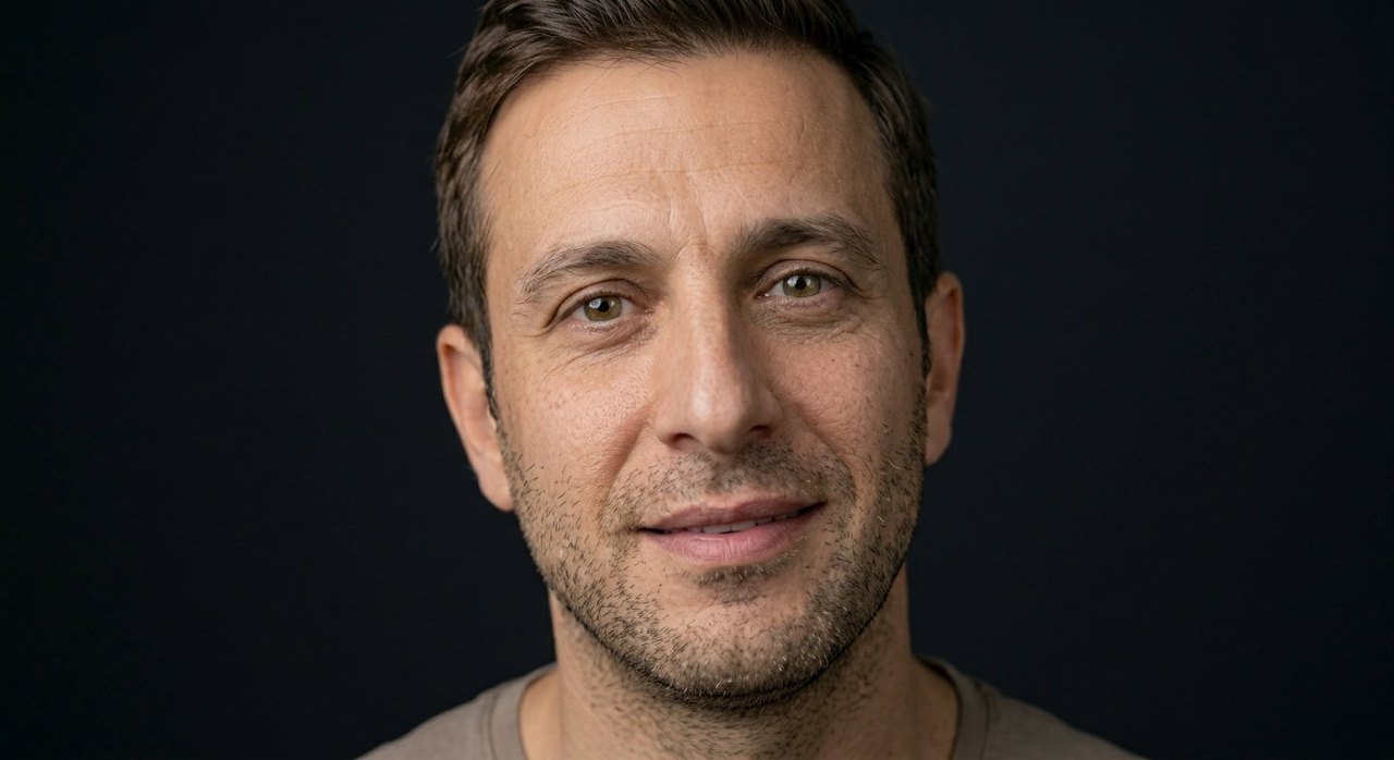 A man's face showing freedom: a relaxed open face and a calm unburdened ease.