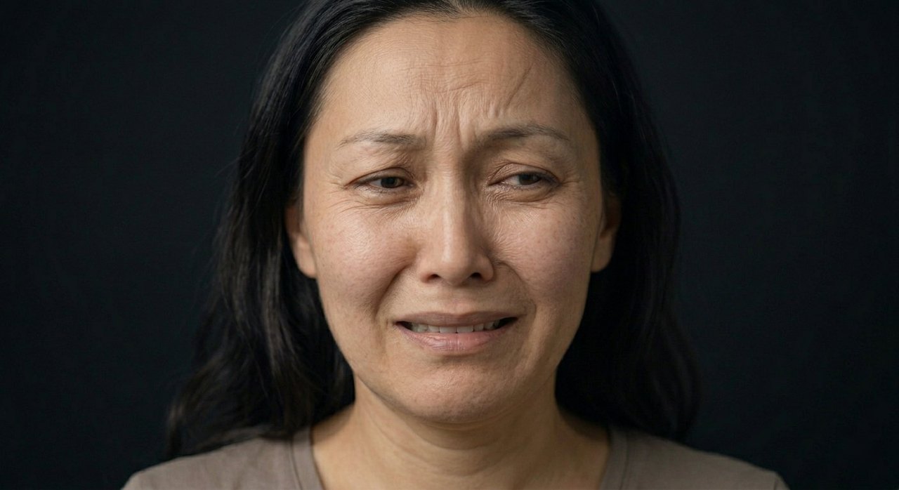 A woman's face showing fremdschämen: a pained wince and a cringing, embarrassed half-grimace.