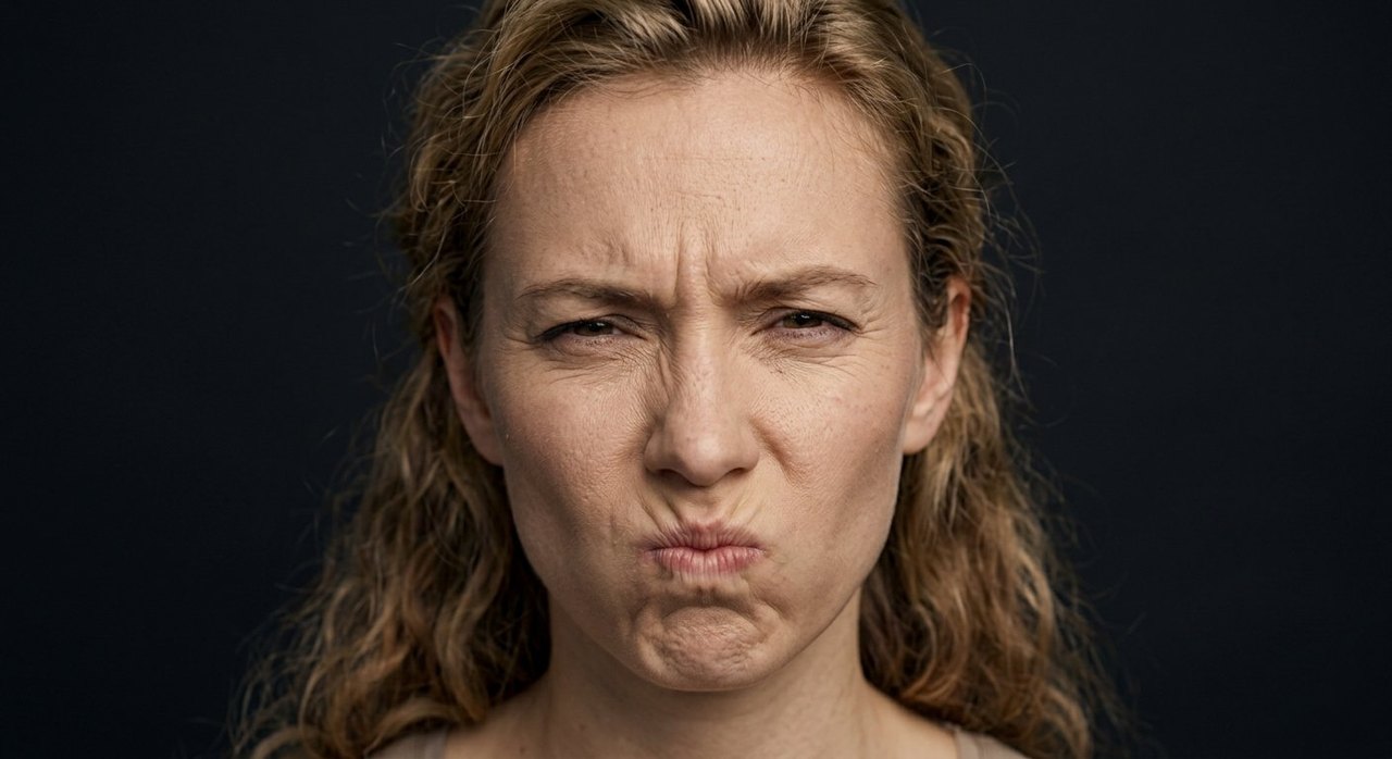 A woman's face showing frustration: a scrunched brow and tense puffed lips.