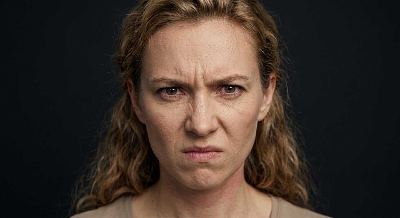 A woman's face showing fury: a deep furrow and a hard burning glare.