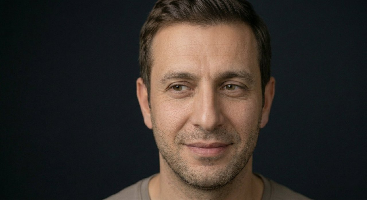 A man's face showing generosity: a warm gentle smile and soft giving eyes.
