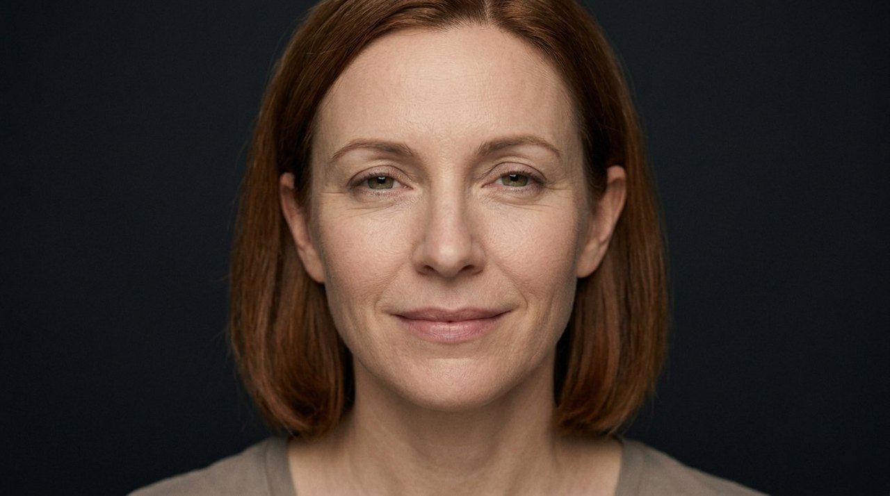 A woman's face showing gentleness: a soft faint smile, a relaxed brow, calm eyes.