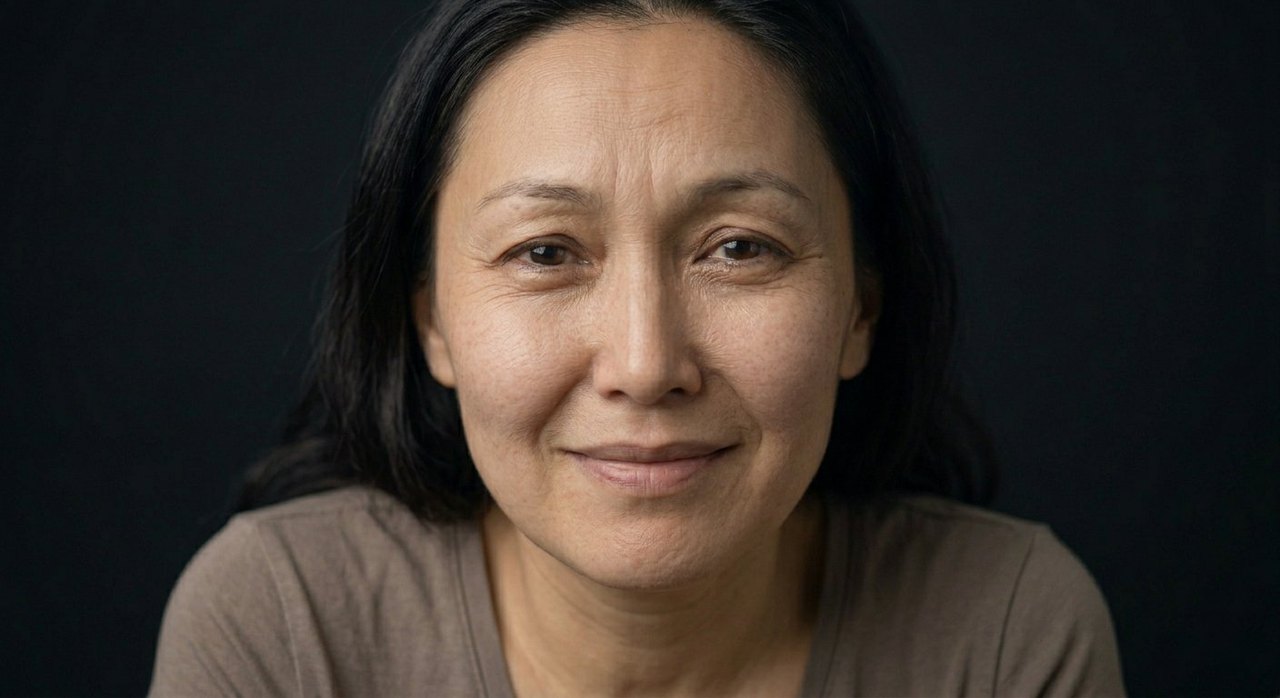 A woman's face showing gezelligheid: a warm relaxed smile and a cosy easy look.