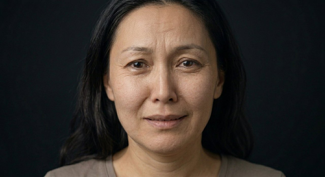 A woman's face showing glückschmerz: a small uneasy smile with a faintly troubled brow.