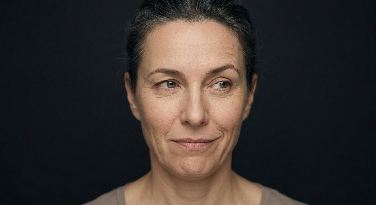 A woman's face showing gloating: a pleased self-satisfied half-smile, a smug knowing look.