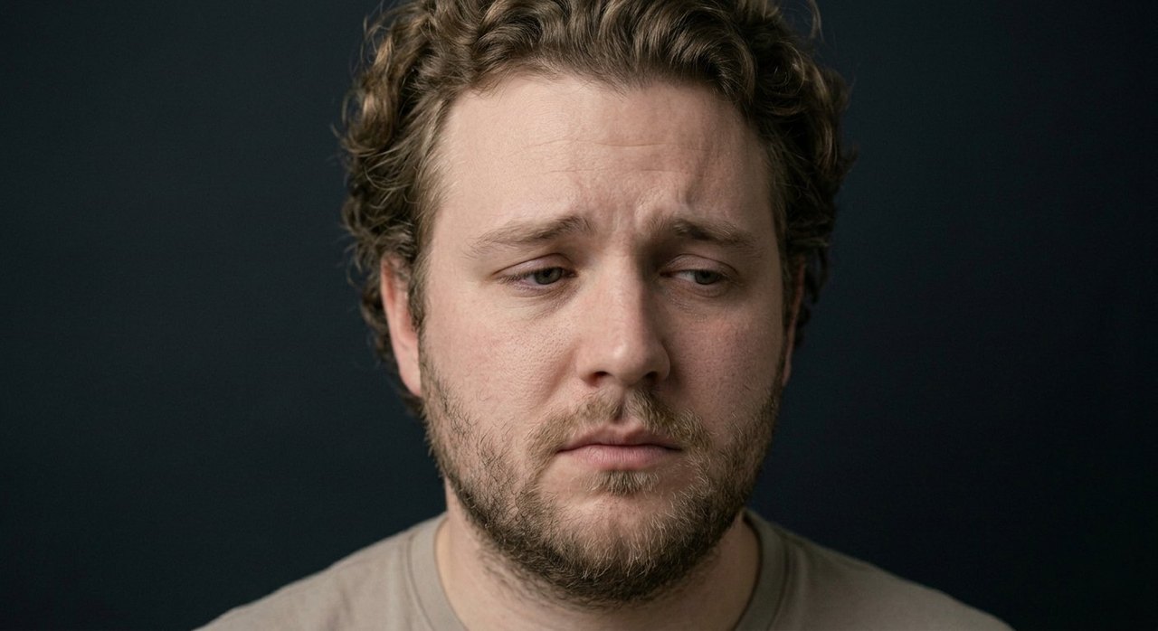 A man's face showing gloom: a downcast heavy look, slight frown, lowered eyes.