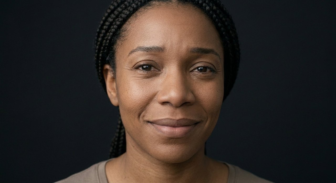 A woman's face showing gratitude: a soft, warm smile and gentle, relaxed eyes.