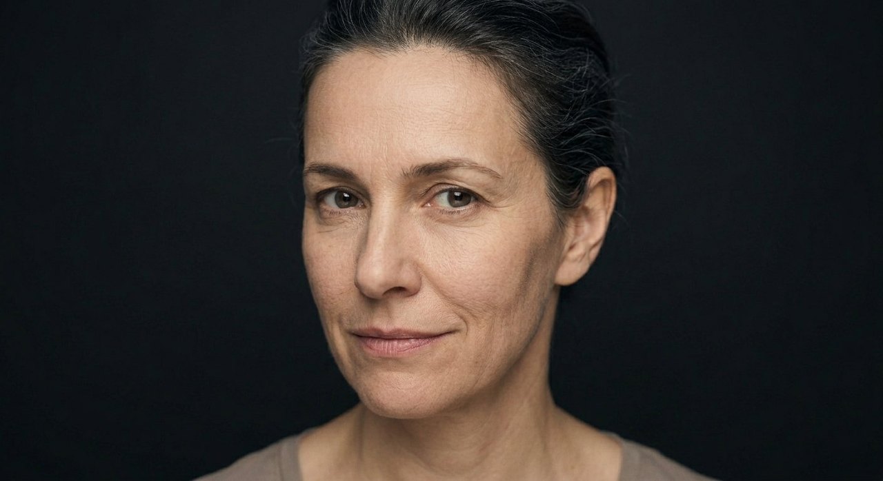 A woman's face showing greed: a hungry wanting look, intent eyes, a faint eager set.