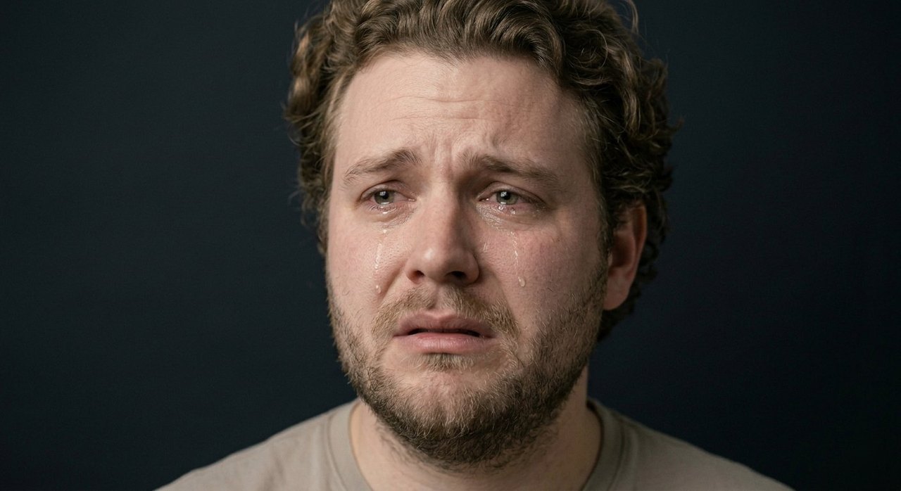 A man's face showing grief: tears on the cheeks, a downturned mouth, raised brow.