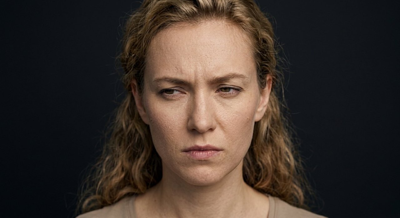 A woman's face showing grudge: a steady resentful frown and a hard held stare.