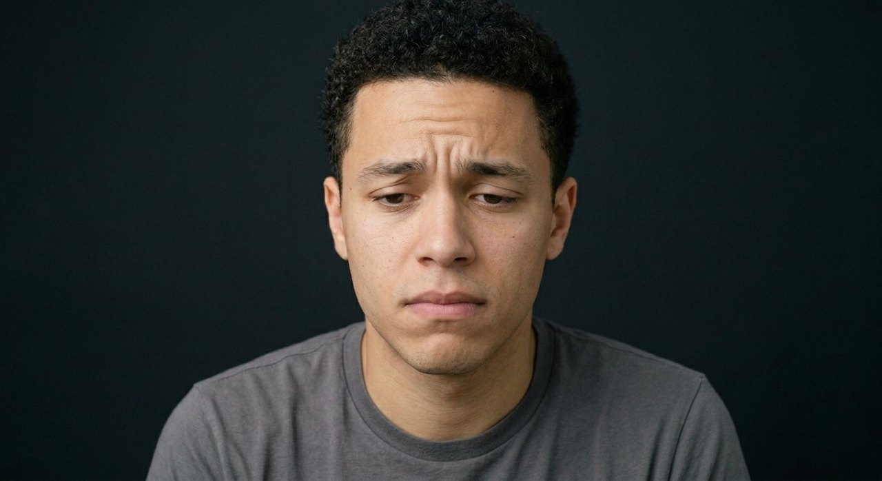 A man's face showing guilt: averted downward gaze, furrowed brow, a tight mouth.