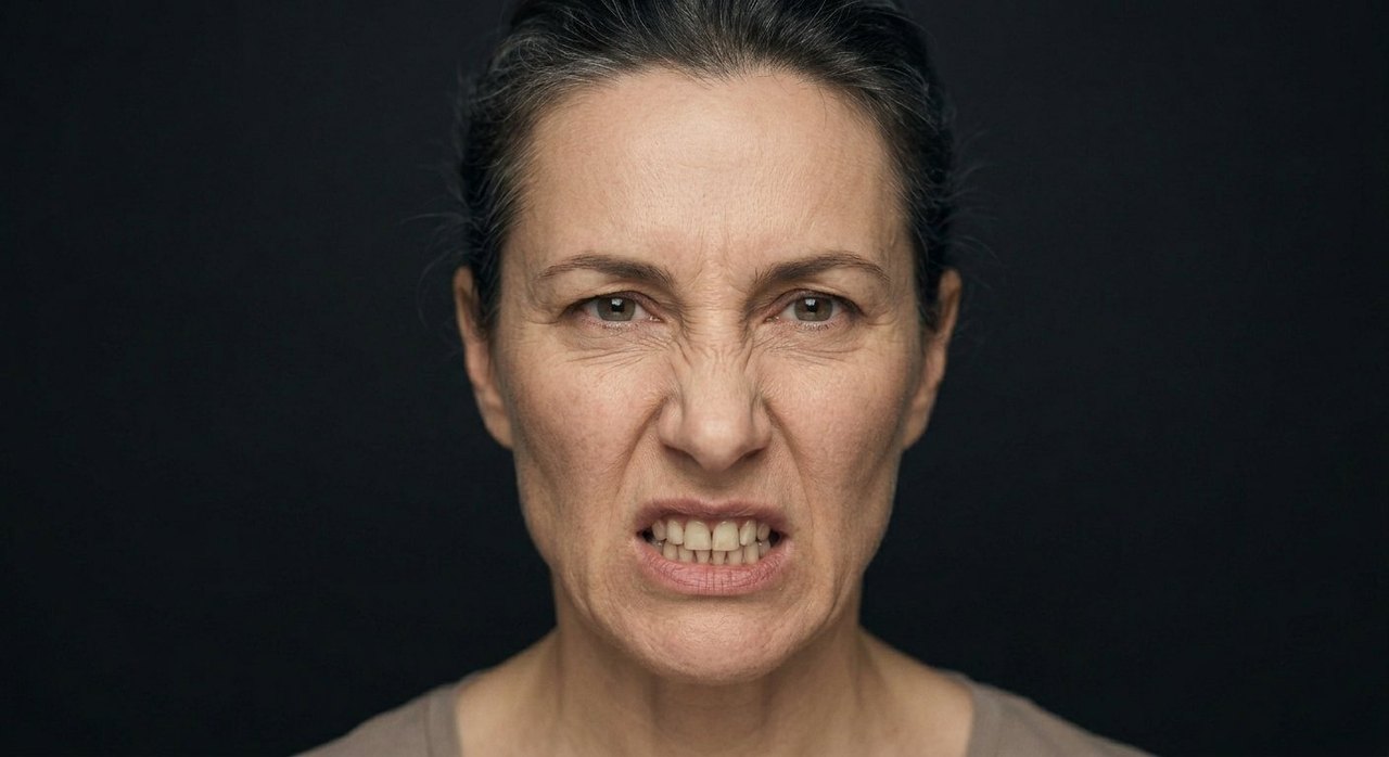 A woman's face showing hatred: bared teeth, a wrinkled snarl, a furious glare.
