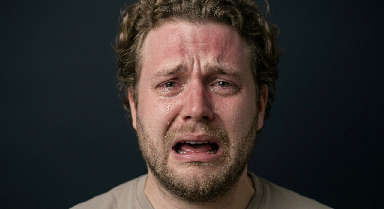 A man's face showing heartbreak: a flushed crying face, open mouth, streaming tears.