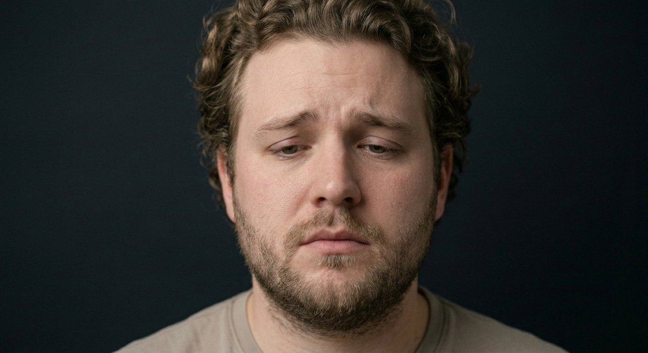 A man's face showing heaviness: lowered eyes, a downturned mouth, a weary sunken look.