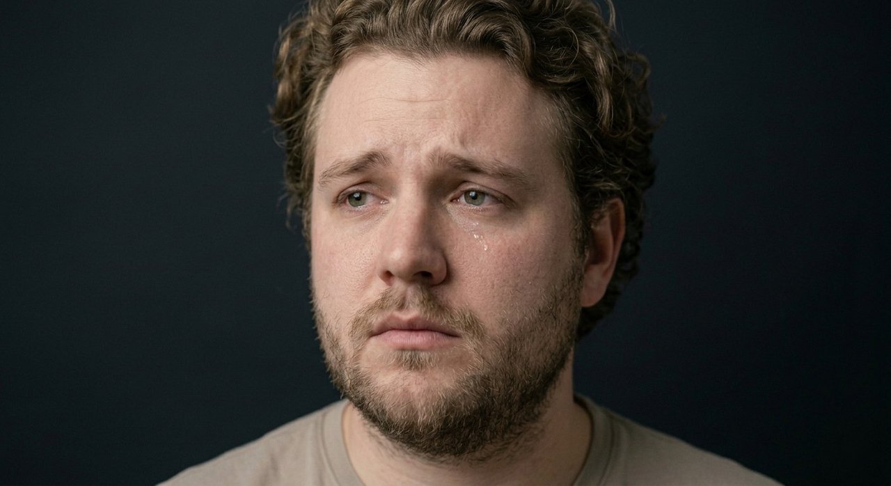 A man's face showing heimweh: a longing downward gaze, raised inner brow, sad mouth.