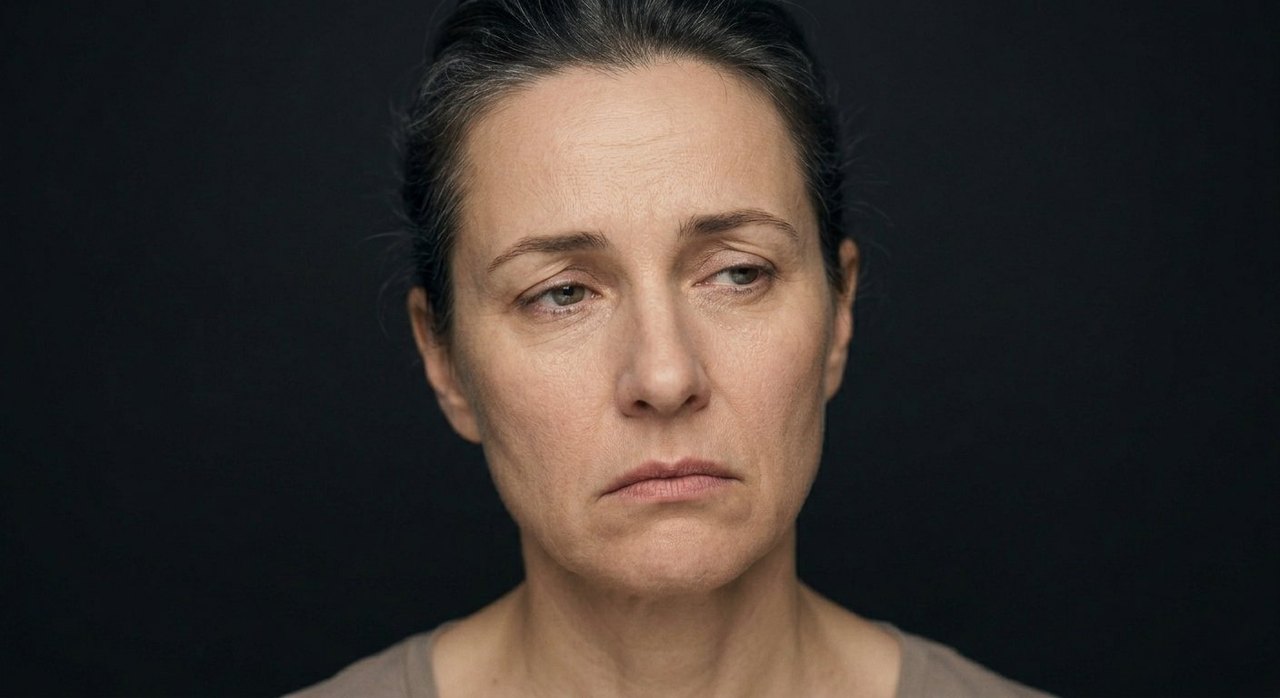 A woman's face showing helplessness: a small downturned mouth, pleading eyes, a powerless look.