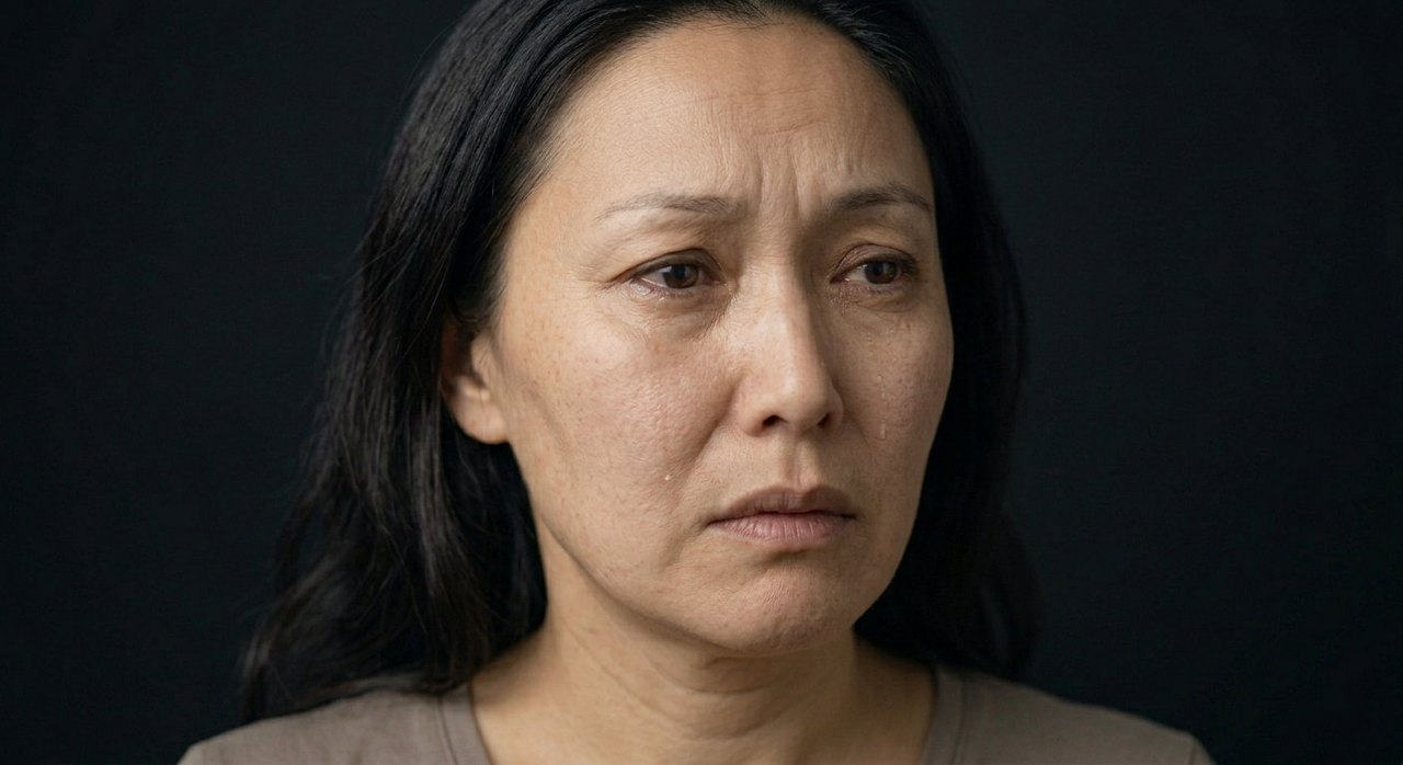 A woman's face showing hiraeth: a sombre set mouth, lowered brow, and grieving eyes.