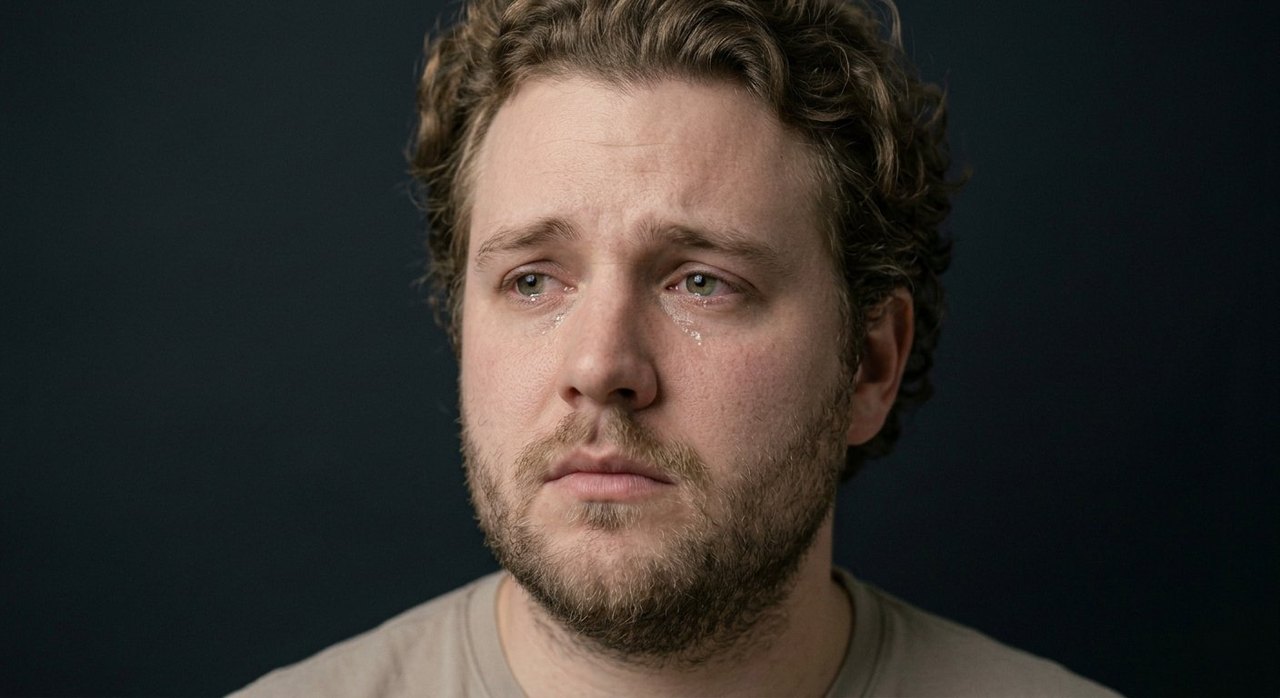A man's face showing homesickness: a far-away longing gaze, raised brow, soft sad mouth.