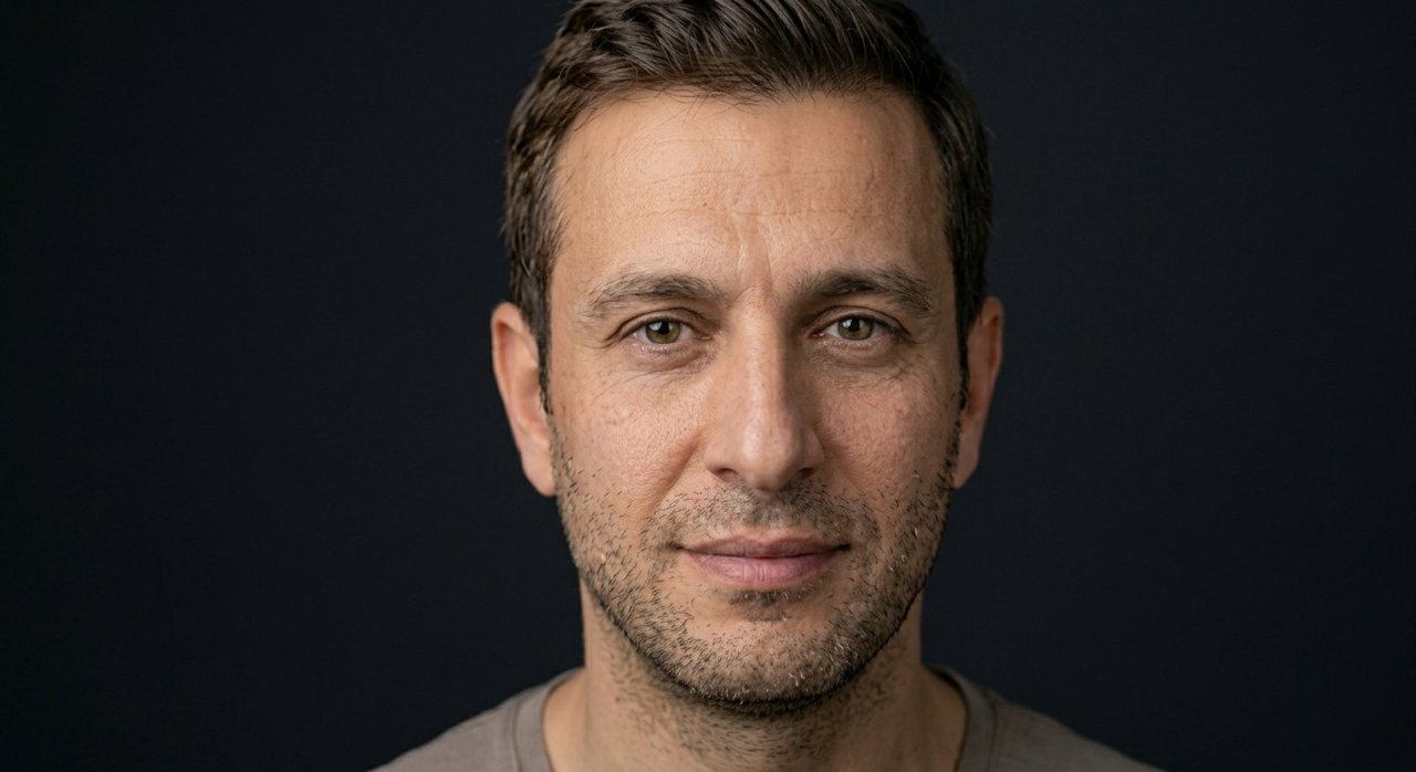 A man's face showing honour: a composed dignified gaze and a steady level set.