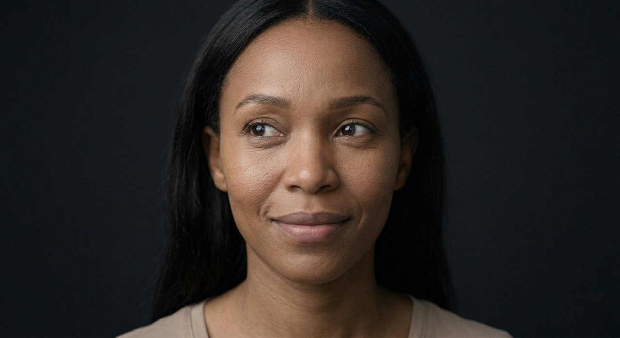 A woman's face showing hope: a soft closed smile, eyes lifted, gently expectant.