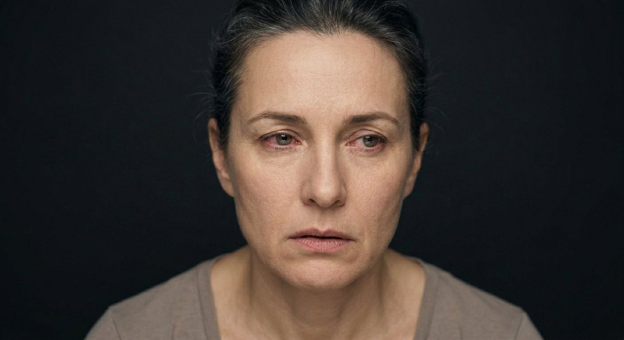 A woman's face showing hopelessness: downcast despairing eyes, a heavy mouth, a lost look.