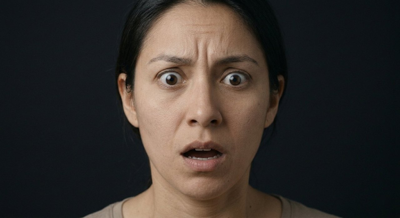 A woman's face showing horror: eyes stretched wide, mouth open, a look of aghast fear.