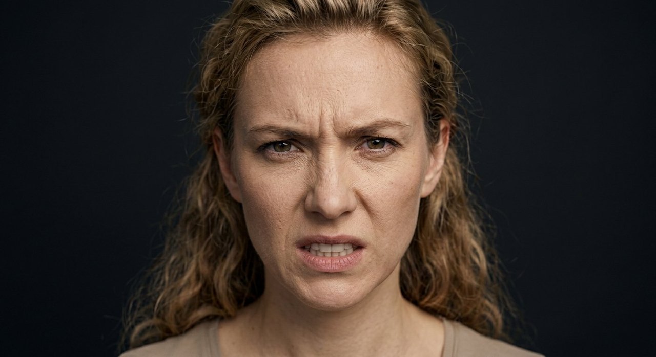 A woman's face showing hostility: a furrowed brow, bared teeth, an aggressive glare.