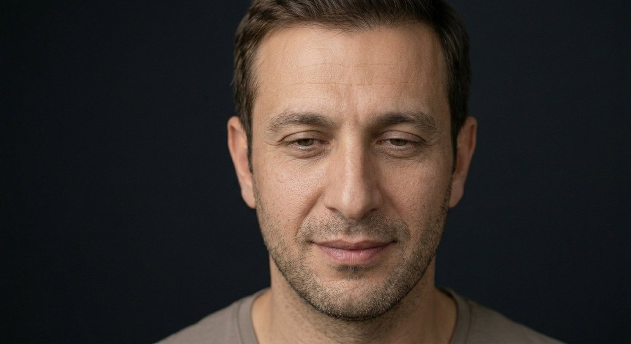 A man's face showing humility: a softened modest look and a gentle lowered ease.